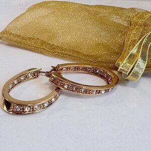 Avon Y2K Gold Inside Out Rhinestone Oval Hoop Earrings NIB with Gift Pouch 396